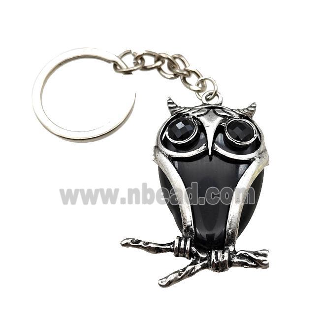 Owl Charms Keychain With Black Obsidian Alloy Platinum Plated