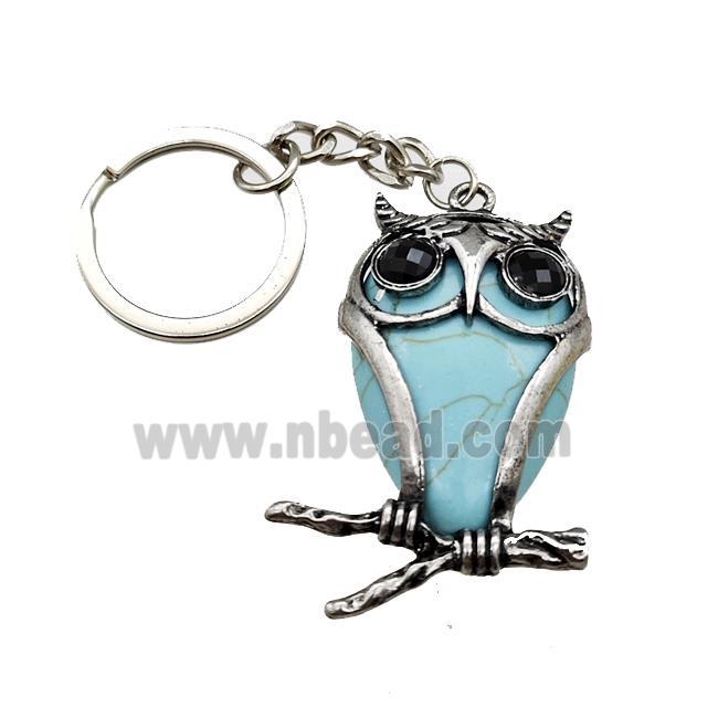 Owl Charms Keychain With Synthetic Turquoise Alloy Platinum Plated