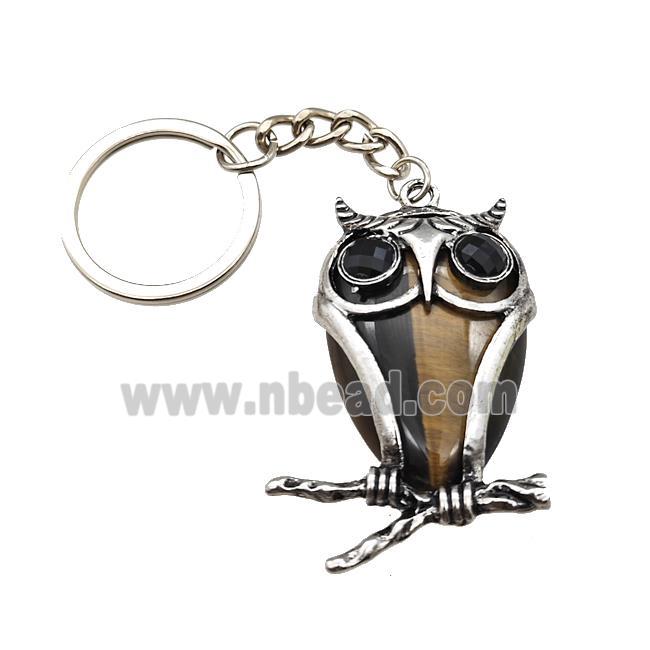 Owl Charms Keychain With Tiger Eye Stone Alloy Platinum Plated