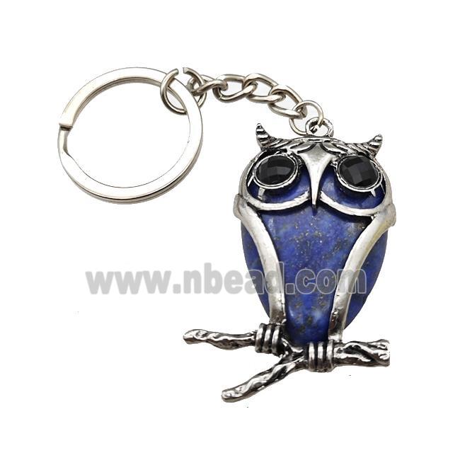 Owl Charms Keychain With Natural Lapis Alloy Platinum Plated