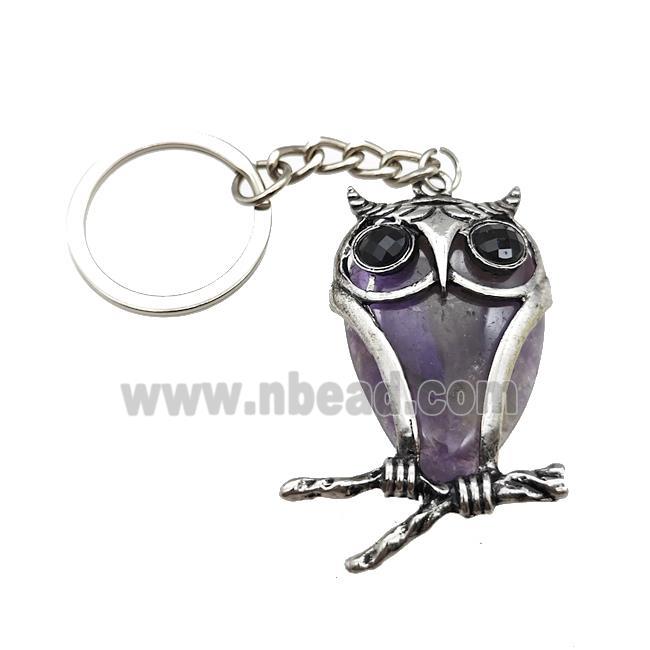 Owl Charms Keychain With Amethyst Alloy Platinum Plated