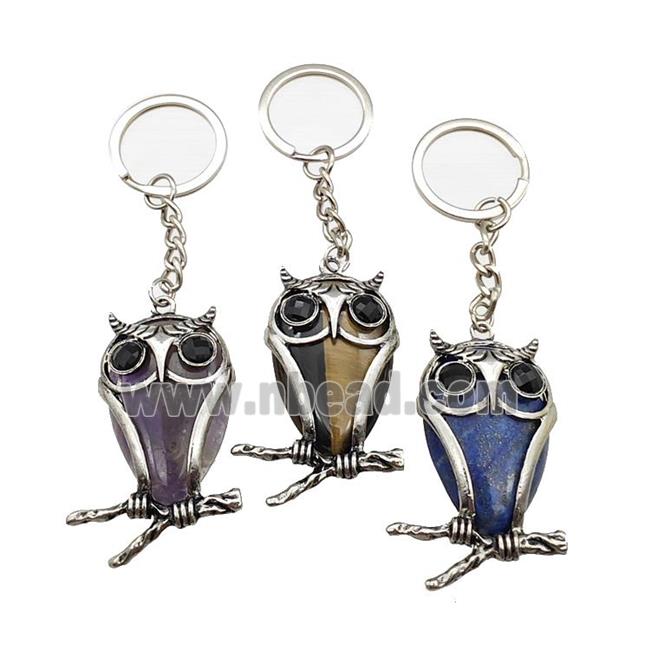 Owl Charms Keychain With Gemstone Alloy Platinum Plated Mixed
