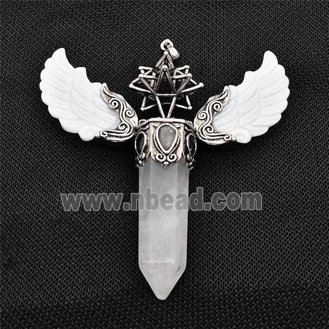 White Shell Angel Wings Pendant With Clear Quartz Prism Antique Silver