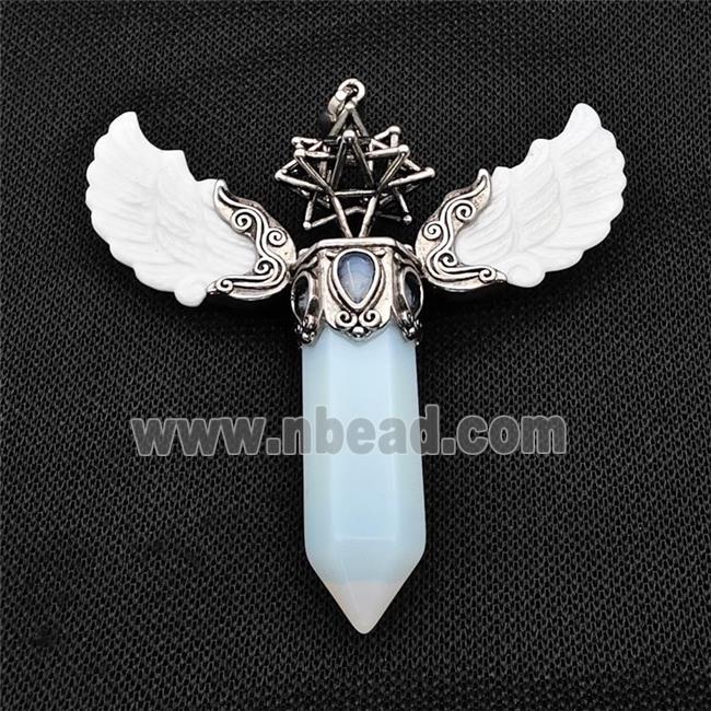 White Shell Angel Wings Pendant With White Opalite Prism Antique Silver