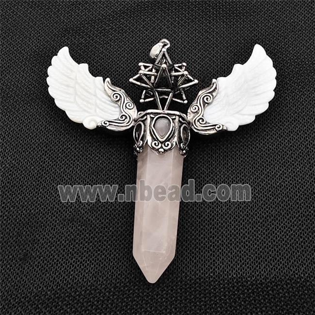 White Shell Angel Wings Pendant With Rose Quartz Prism Antique Silver