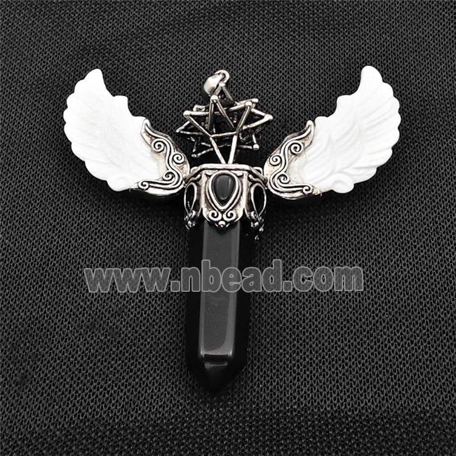 White Shell Angel Wings Pendant With Black Obsidian Prism Antique Silver