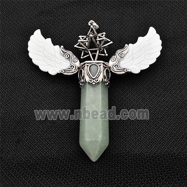 White Shell Angel Wings Pendant With Green Aventurine Prism Antique Silver