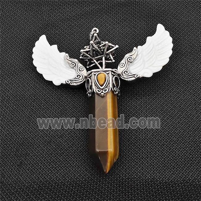 White Shell Angel Wings Pendant With Tiger Eye Stone Prism Antique Silver