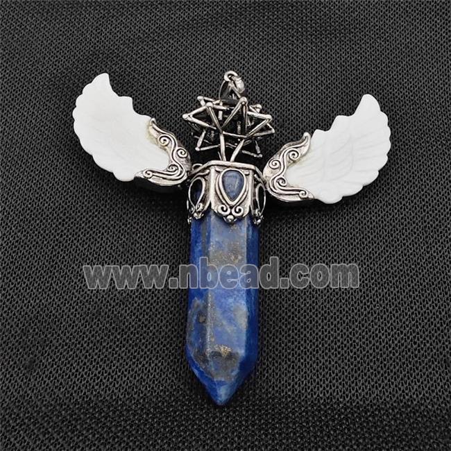 White Shell Angel Wings Pendant With Lapis Lazuli Prism Antique Silver