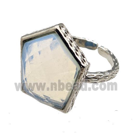 White Opalite Pentagon Rings Copper Shield Adjustable Platinum Plated