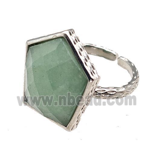 Green Aventurine Pentagon Rings Copper Shield Adjustable Platinum Plated