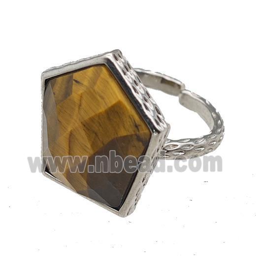 Tiger Eye Stone Pentagon Rings Copper Shield Adjustable Platinum Plated
