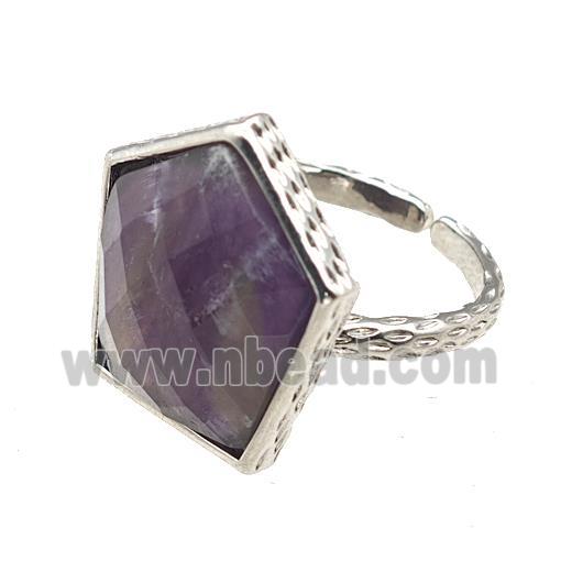 Purple Amethyst Pentagon Rings Copper Shield Adjustable Platinum Plated