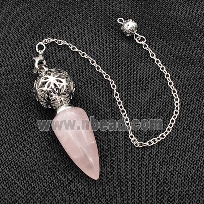 Natural Pink Rose Quartz Dowsing Pendulum Pendant With Copper Hollow Ball Chain Platinum