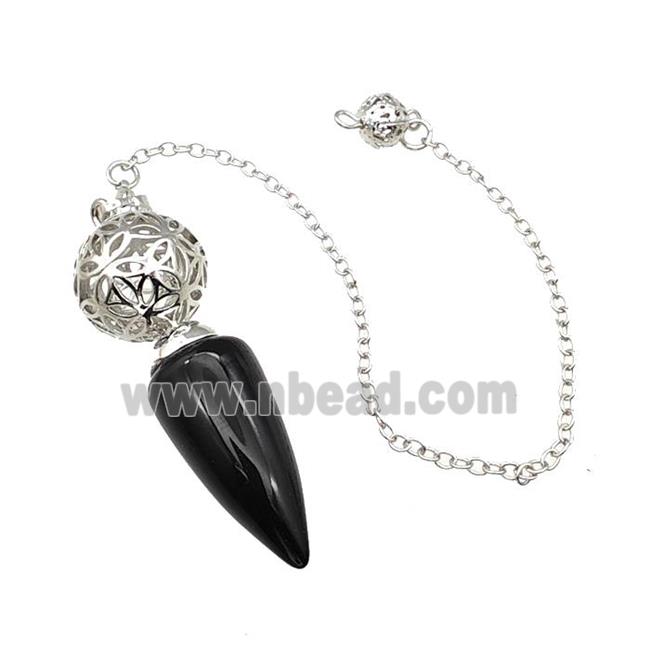 Natural Black Obsidian Dowsing Pendulum Pendant With Copper Hollow Ball Chain Platinum