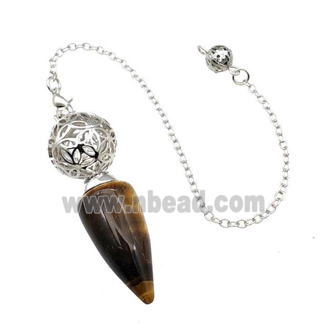 Natural Tiger Eye Stone Dowsing Pendulum Pendant With Copper Hollow Ball Chain Platinum