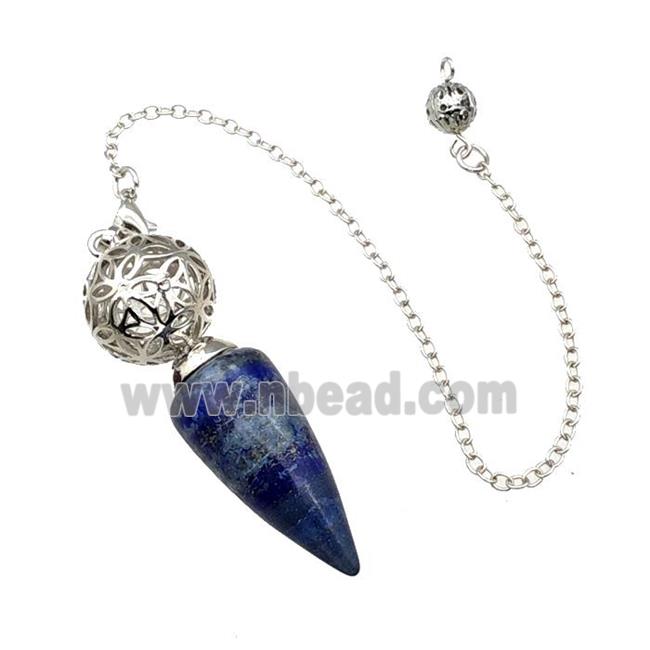 Natural Blue Lapis Lazuli Dowsing Pendulum Pendant With Copper Hollow Ball Chain Platinum