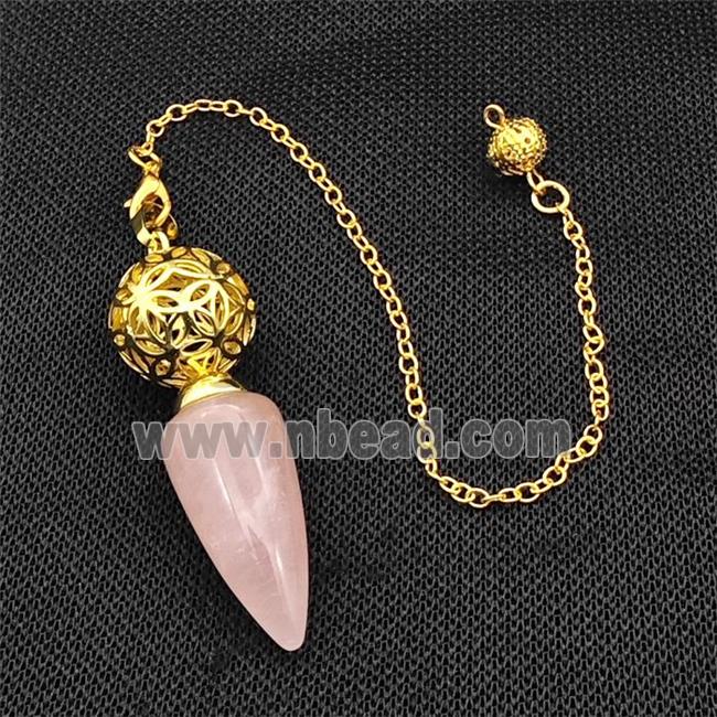 Natural Rose Quartz Dowsing Pendulum Pendant With Copper Hollow Ball Chain Gold Plated