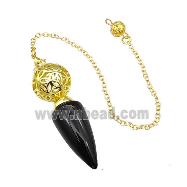 Natural Black Obsidian Dowsing Pendulum Pendant With Copper Hollow Ball Chain Gold Plated