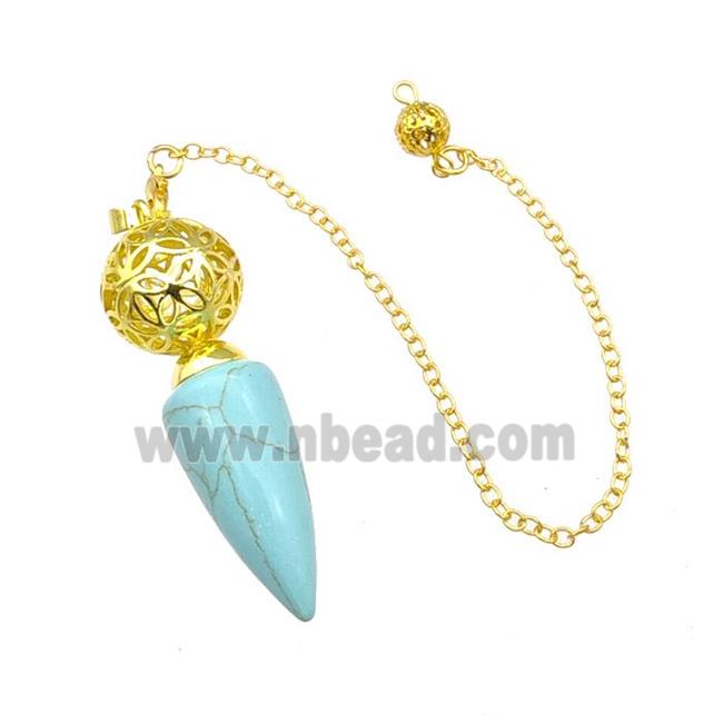 Synthetic Turquoise Dowsing Pendulum Pendant With Copper Hollow Ball Chain Gold Plated