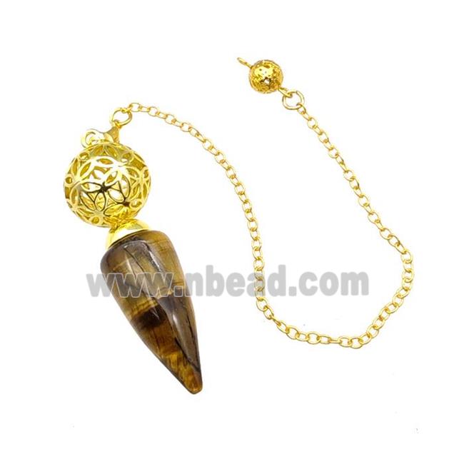 Natural Tiger Eye Stone Dowsing Pendulum Pendant With Copper Hollow Ball Chain Gold Plated