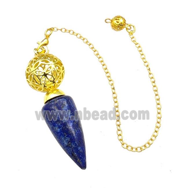 Natural Blue Lapis Lazuli Dowsing Pendulum Pendant With Copper Hollow Ball Chain Gold Plated