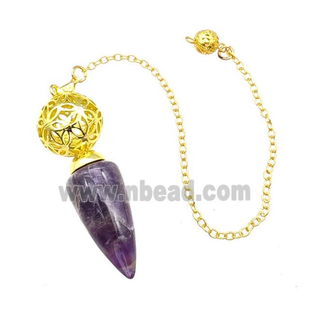 Natural Purple Amethyst Dowsing Pendulum Pendant With Copper Hollow Ball Chain Gold Plated