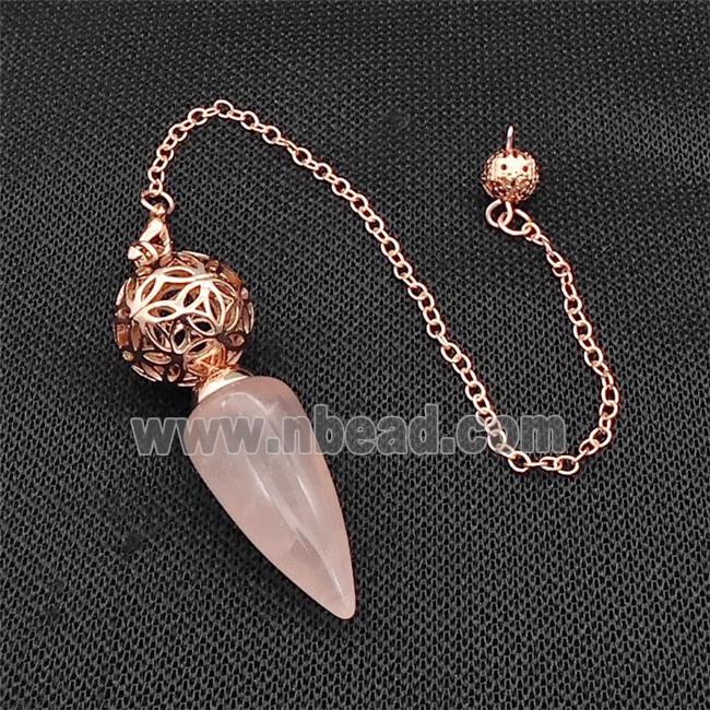 Natural Pink Rose Quartz Dowsing Pendulum Pendant With Copper Hollow Ball Chain Rose Gold