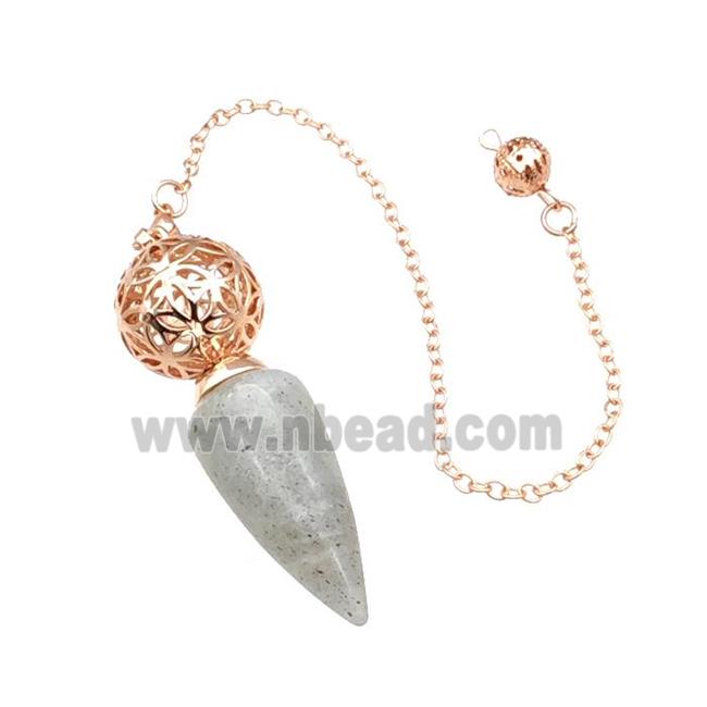 Natural Labradorite Dowsing Pendulum Pendant With Copper Hollow Ball Chain Rose Gold
