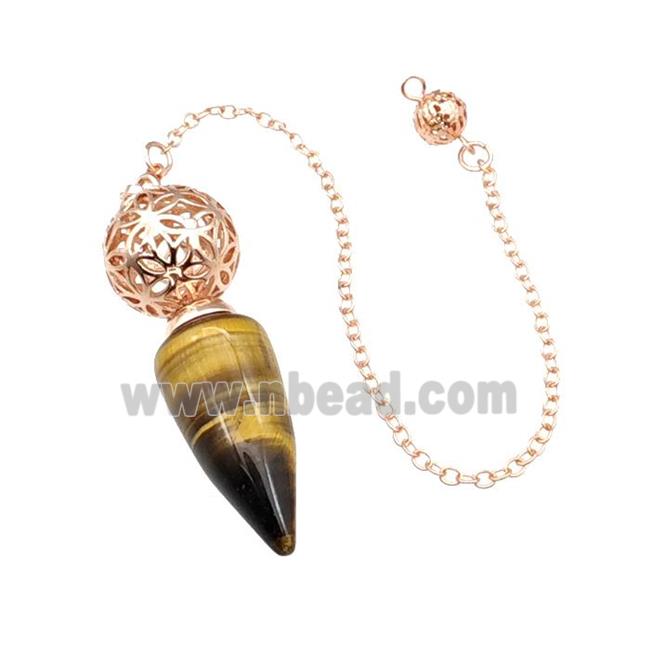 Natural Tiger Eye Stone Dowsing Pendulum Pendant With Copper Hollow Ball Chain Rose Gold