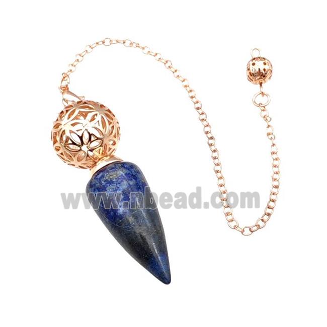 Natural Blue Lapis Lazuli Dowsing Pendulum Pendant With Copper Hollow Ball Chain Rose Gold