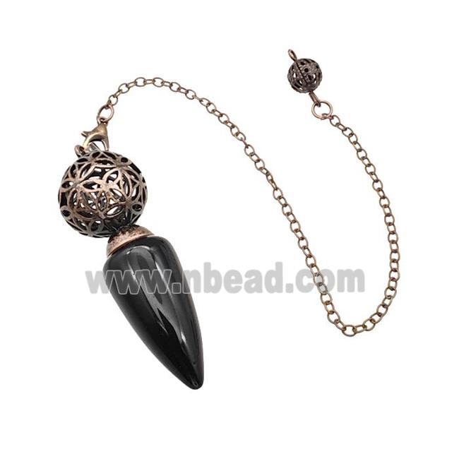Natural Black Obsidian Dowsing Pendulum Pendant With Copper Hollow Ball Chain Antique Red