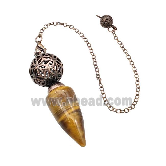 Natural Tiger Eye Stone Dowsing Pendulum Pendant With Copper Hollow Ball Chain Antique Red