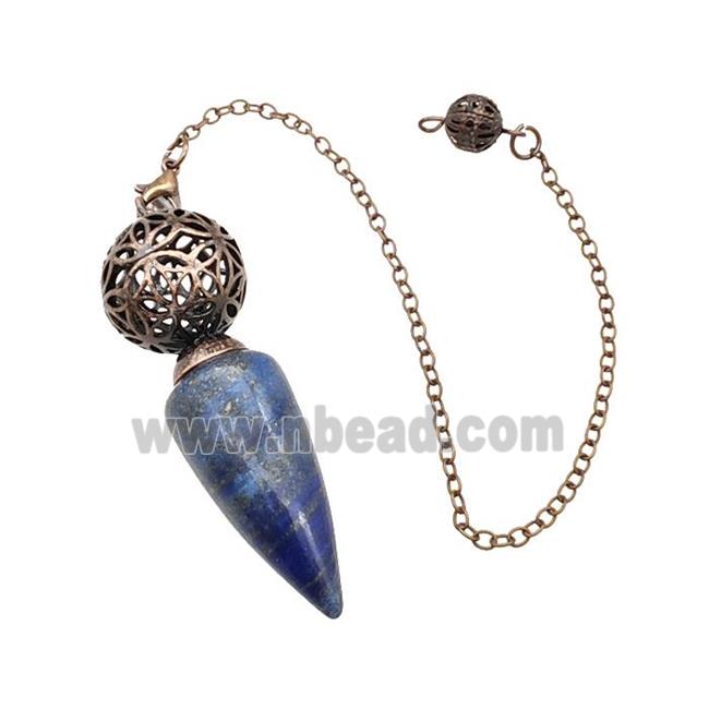 Natural Blue Lapis Lazuli Dowsing Pendulum Pendant With Copper Hollow Ball Chain Antique Red