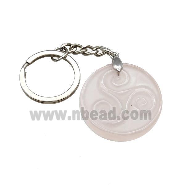 Pink Rose Quartz Triskelion Keychain Circle Alloy Platinum Plated