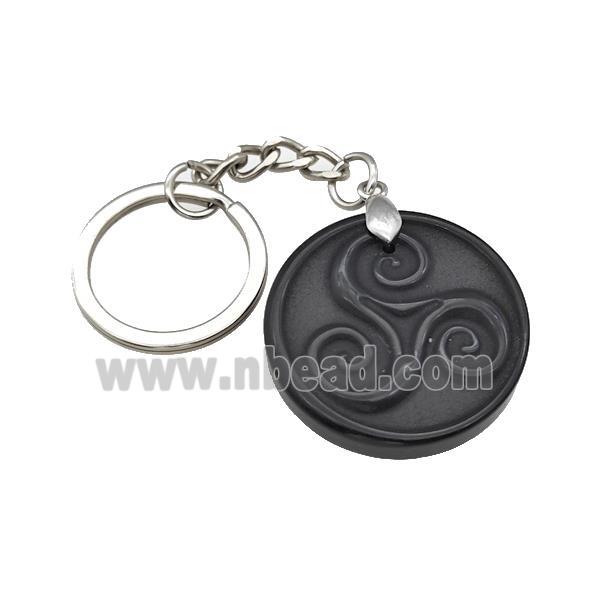 Black Obsidian Triskelion Keychain Circle Alloy Platinum Plated