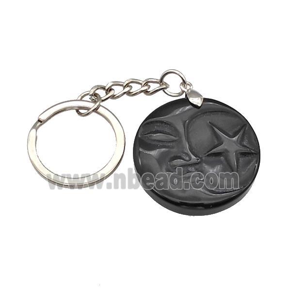 Black Obsidian MoonStar Keychain Circle Alloy Platinum Plated