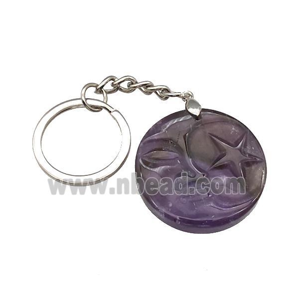 Purple Amethyst MoonStar Keychain Circle Alloy Platinum Plated