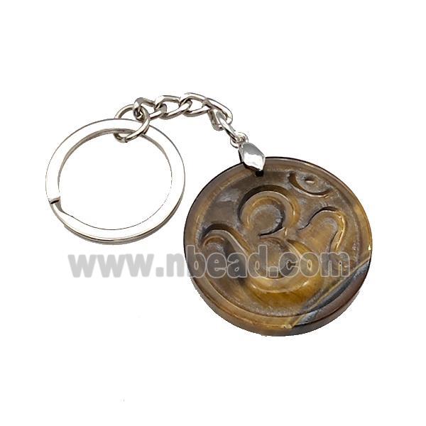 Tiger Eye Stone Hinduism Keychain OM Circle Alloy Platinum Plated