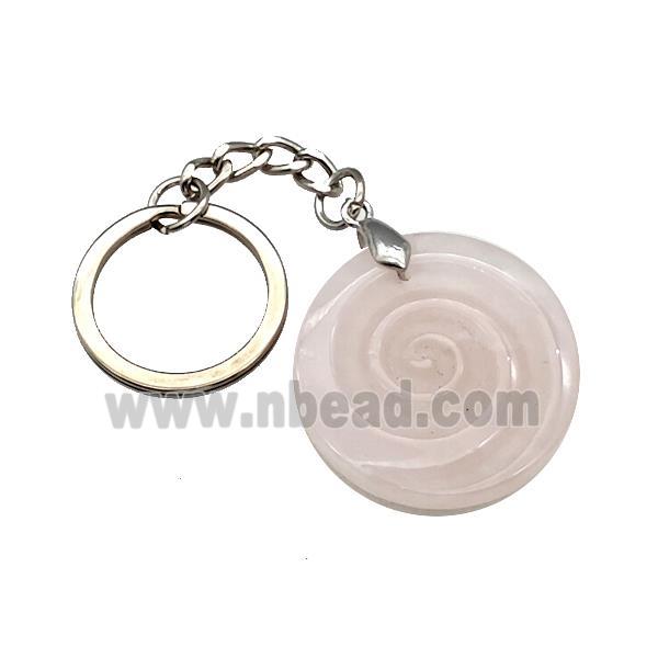 Pink Rose Quartz Spiral Keychain Circle Alloy Platinum Plated