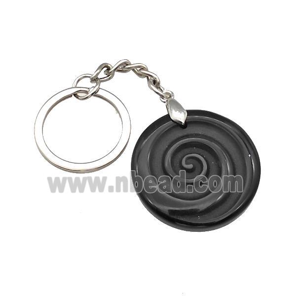 Black Obsidian Spiral Keychain Circle Alloy Platinum Plated