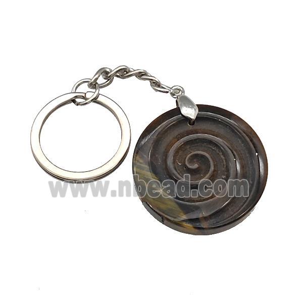 Tiger Eye Stone Spiral Keychain Circle Alloy Platinum Plated