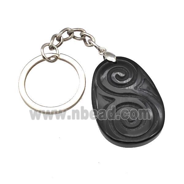 Black Obsidian Spiral Keychain Flat Teardrop Alloy Platinum Plated