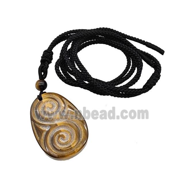 Natural Tigers Eye Stone Spiral Necklace Flat Teardrop Black Nylon Rope