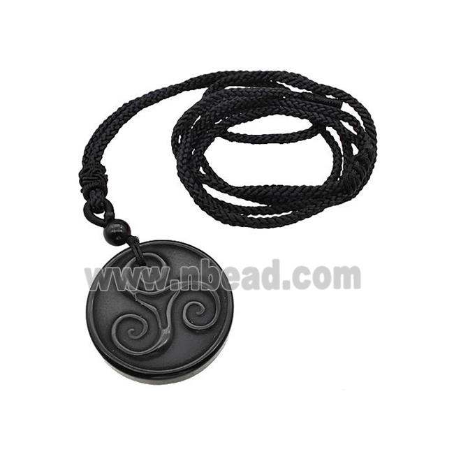 Natural Black Obsidian Triskelion Necklace Circle Black Nylon Rope