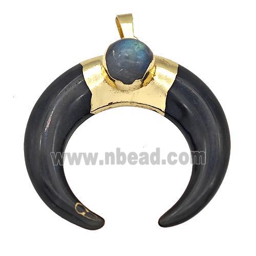 Black Obsidian Horn Pendant With Labradorite Gold Plated Crescent