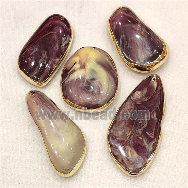 Synthetic Amber Pendant Mixed Shape Resin Purple Gold Plated