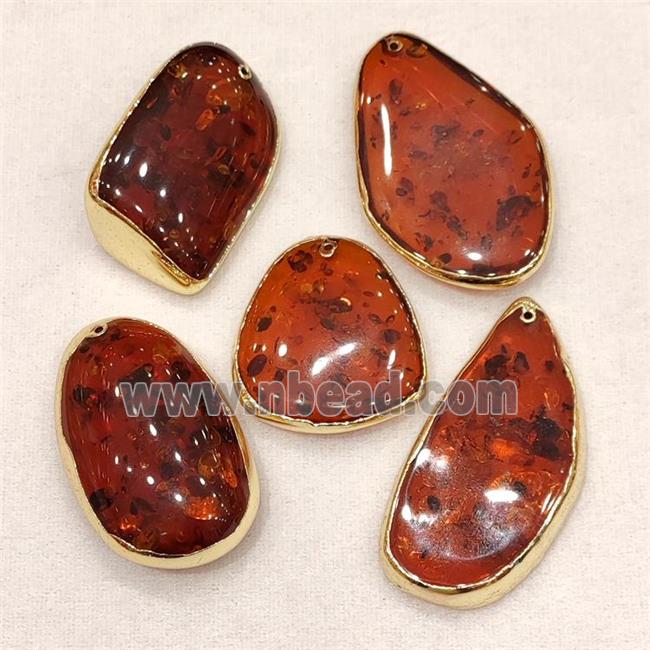 Synthetic Amber Pendant Mixed Shape Resin Red Gold Plated