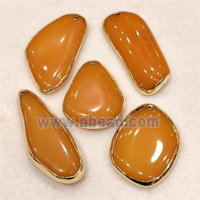 Synthetic Amber Pendant Mixed Shape Resin Orange Gold Plated