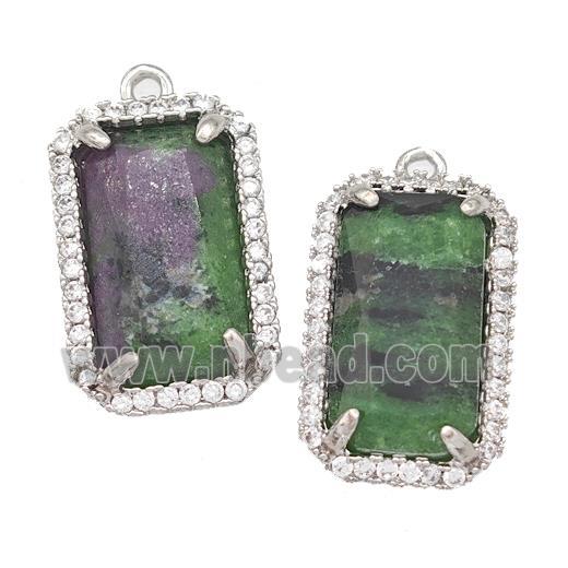 Natural Zoisite Ruby Rectangle Pendant Copper Pave Zircon Platinum Plated